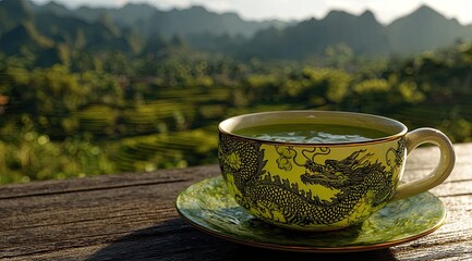 A cup of green tea on a wooden deck overlooking lush tea fields and mountains