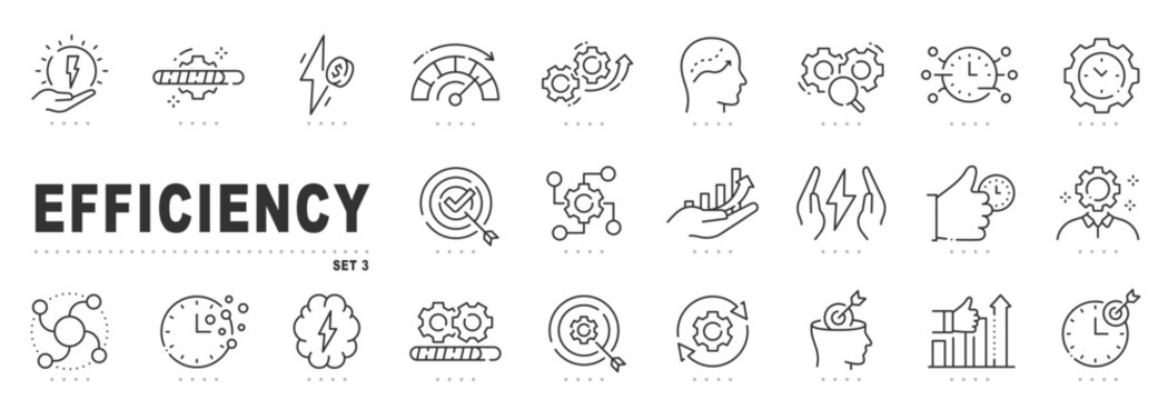 Outline icon set for efficiency, productivity, optimization, time management, workflow, automation, performance, analytics, targets, growth, metrics; editable stroke, deadline, speed