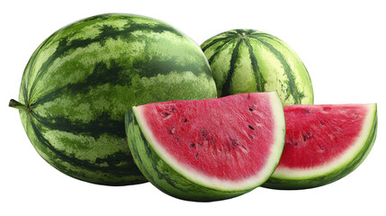 Ripe Juicy Watermelon Slices and Whole Fruit on Transparent Background