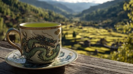 A delicate porcelain teacup, adorned with a dragon design, sits on a wooden porch overlooking a vibrant valley