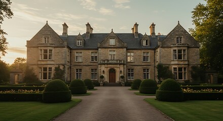 Iconic manor with stone façade, luxury living captured in soft natural light, refined and minimalist look