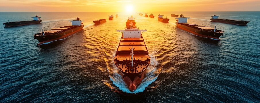 Futuristic shipping port with tankers fueled by biomass maritime energy, symbolizing decarbonization of global trade.