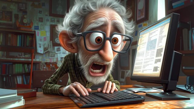 Shocked Elderly Man Staring at Computer Screen 