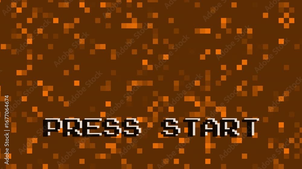 Poster press start text with screen effects of technological failures. retro 8 bit game animation. zoom ani