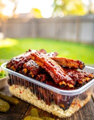 BBQ ribs in a takeout container on a wooden table outdoors