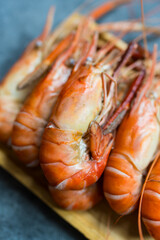 Boiled river prawn in wood plate, ready to eat