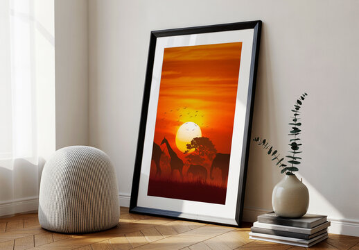 Minimalist Home Decor Frame Mockup on Wooden Floor