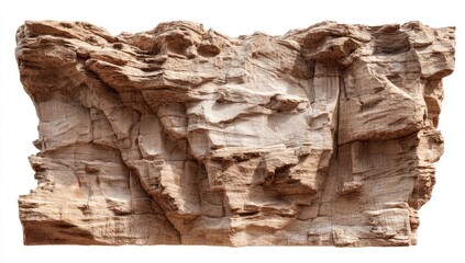 A large, irregular rock face.  Rough, light tan/beige  texture,  with layers and crevices.  Isolated on white background