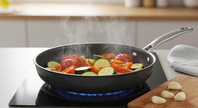 Steaming fresh vegetables sizzling in a modern pan on a sleek induction cooktop, culinary delight for healthy eating and delicious meals