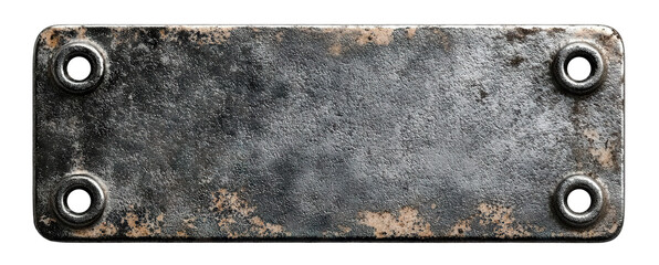 Rough rusty metal nameplate with holes on corners, isolated on transparent cutout background
