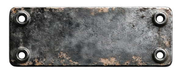 Rough rusty metal nameplate with holes on corners, isolated on transparent cutout background