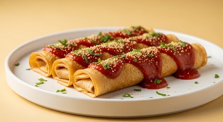Delicious Rolled Pancakes with Tomato Sauce.