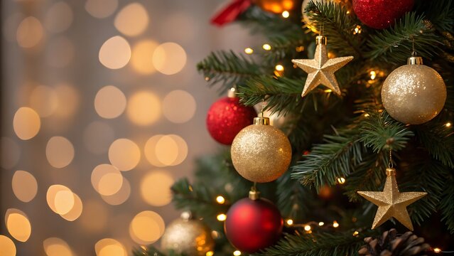 Close up of a decorated christmas tree with red and gold ornaments and twinkling lights - Powered by Adobe