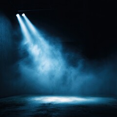 Stage lighting, blue spotlights, smoky, empty