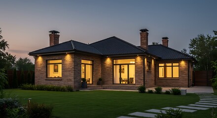 Sophisticated brick bungalow with cobblestone pathway, premium residence captured in soft natural light, refined and minimal