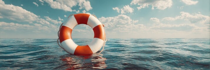 Naklejka premium A life preserver floats on tranquil ocean waters under a partly cloudy sky