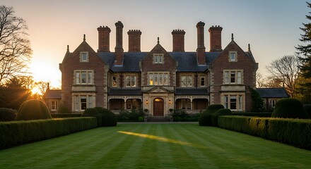 Grand brick residence with decorative chimneys, real estate highlight captured in soft natural light, refined and minimalist
