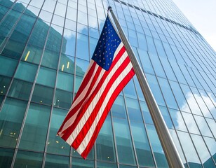 American flag waving against a modern glass skyscraper