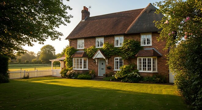Modern brick bungalow with decorative chimneys, premium residence captured in soft natural light, refined and minimalist loo