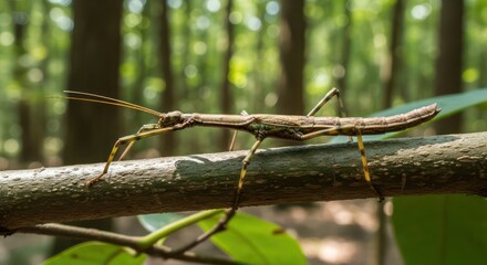 Detailed Close-Up of a Camouflaged Stick Insect on a Branch