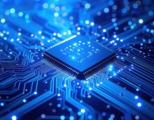 Close-up view of a microchip on a circuit board with glowing blue lights and patterns.