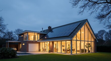 Obraz premium Neat solar house featuring full glass façade, luxury property captured in soft natural light, refined and minimalist look