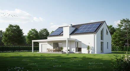 Obraz premium Stylish solar-powered villa with landscaped garden, modern lifestyle captured in soft natural light, refined and minimalist 