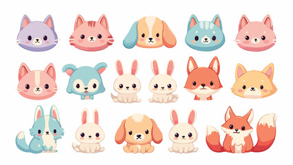 Collection of cute kawaii animal faces with big eyes and soft colors