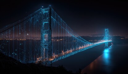 A digital network overlays a nighttime cityscape bridge
