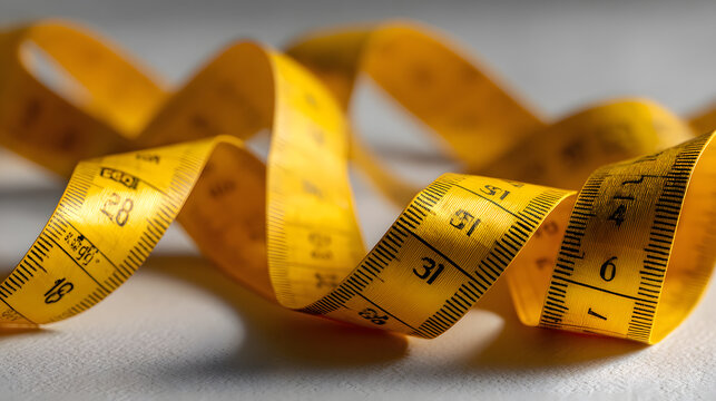 Bright yellow measuring tape unrolled on white surface, flexible tool for sewing, tailoring, or construction, close up detail