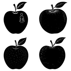 Four black apples with leaves and stem and a human figure inside one apple on a white background