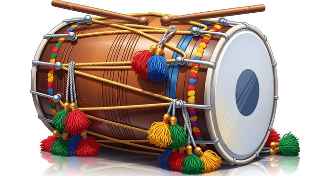 Traditional indian dhol drum with colorful decorations
