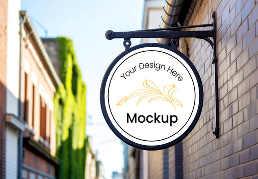 Circular Outdoor Signboard Mockup on Brick Wall