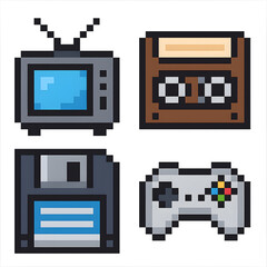 Pixel art retro tech icons transparent PNG 2x2 set CRT TV cassette tape 3.5&rdquo; floppy disk classic game controller 8-bit sprites isolated cut out for vintage gadget branding