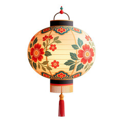 Floral Patterned Paper Lantern with Red Flowers, Transparent Background, Watercolor Illustration for Branding