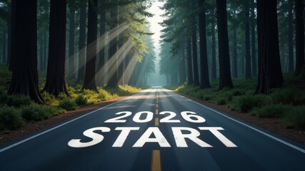 Scenic forest path with words start 2026 of New Year on road, lush redwood trees, warm sun rays. Concept of start of New Year 2026, tranquility, vibrant colors, nature.