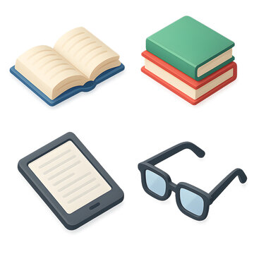 Isometric reading & library icons transparent PNG 2x2 set open book stacked books e-reader tablet reading glasses isolated cut out for education bookstore app UI branding