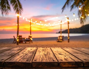 Beachside wooden table at sunset