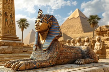 Majestic egyptian sphinx and pyramids under a sunny sky ancient desert landscape scene