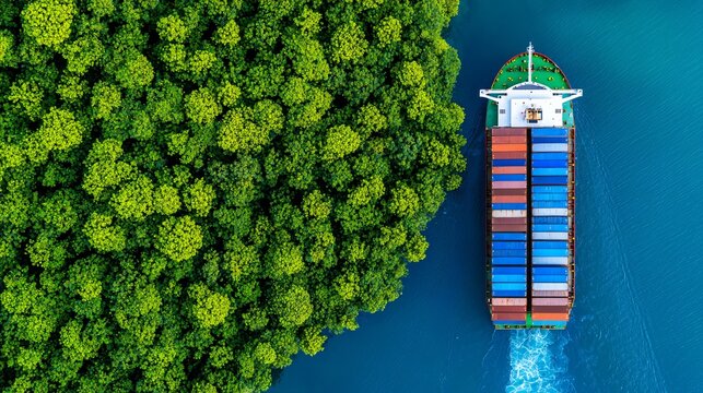 Aerial view of container vessel using biomass maritime fuel, representing sustainable shipping decarbonization concept.