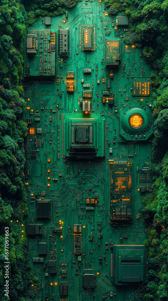 Poster intricate circuit board maze representing data processing in tech forest, symbolizing connectivity a