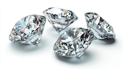 Collection of brilliant cut diamonds with perfect clarity and sparkling facets reflecting light on white background