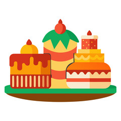 Vector art illustration of cakes of various designs arranged on a tray