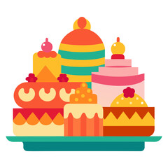 Vector art illustration of cakes of various designs arranged on a tray