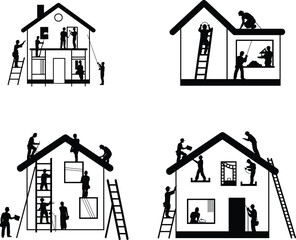 House construction cross section silhouettes, building workers, home renovation, roof work, ladder tasks, carpentry, teamwork, repair, maintenance, construction site, flat vector illustration