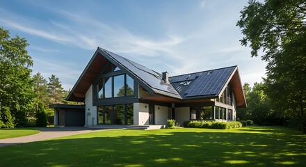 Sleek modern villa with large solar plates installed, real estate highlight captured in soft natural light, refined and mini