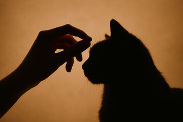 Gentle hand reaching to touch curious cat's face, peaceful animal interaction in warm soft light silhouette