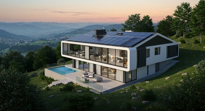 Grand solar house with futuristic lines, premium residence captured in soft natural light, refined and minimalist look captu