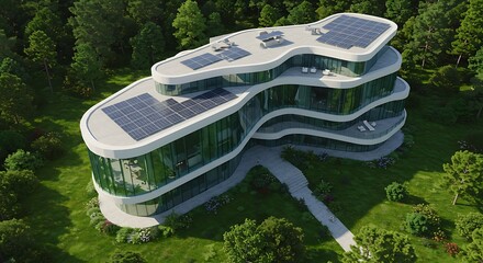 Exclusive green energy house with futuristic lines, green innovation captured in soft natural light, refined and minimalist 