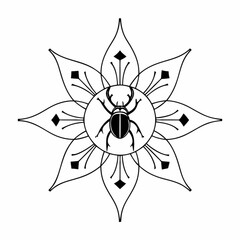 Minimilist a stylized black and white illustration of a beetle inside a floral mandala design element art vector